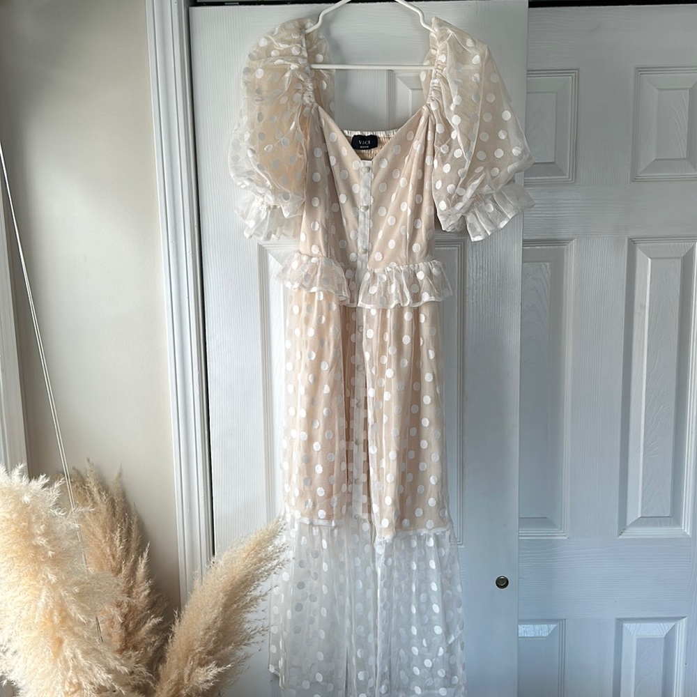 VICI Kailyn Crochet Lace Dress - White/Nude Beige - Polka Dots - Poofy Sleeves
